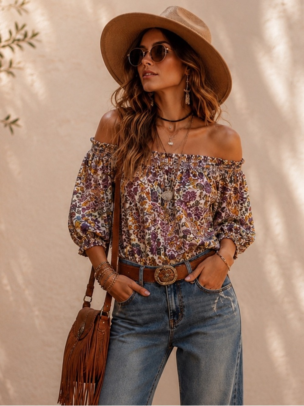 Sonoma Women’s 100% Cotton Boho Off Shoulder Floral Peasant Blouse Balloon Sleev